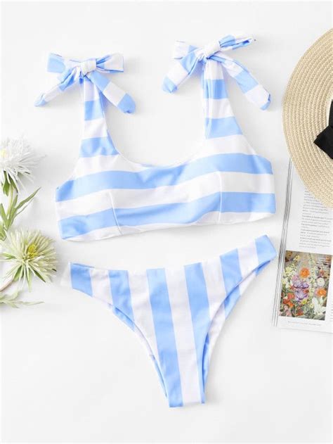 Striped Ruched Detail Self Tie Bikini Set Tie Bikini Set Bikinis