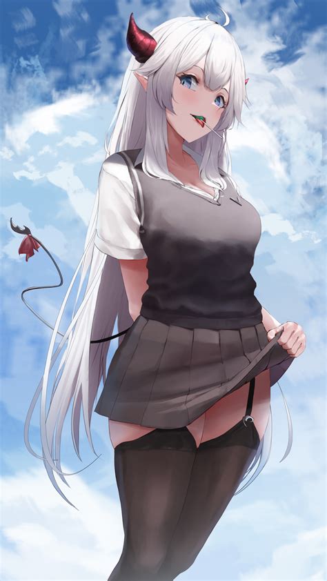 Wanne Horns Pointy Ears Seifuku Skirt Lift Stockings Tail Thighhighs 786660 Yandere