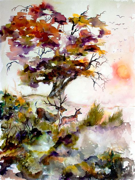 This blog post is part of a mini tutorial series i create to help beginner painters with basic techniques! Autumn Oak Tree Deer Watercolor Painting by Ginette