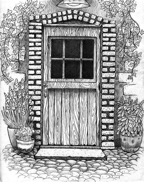 Pencil Sketch Door Way With Potted Plants And Cobble Stone Walk