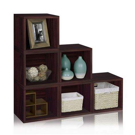 Wooden Espresso Storage Cubes Stackable With 6 Bins Modular Shelves As