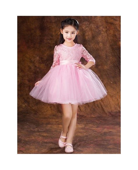 Short Pink Lace Sleeved Tutu Tulle Flower Girl Dress With Bow Efa21