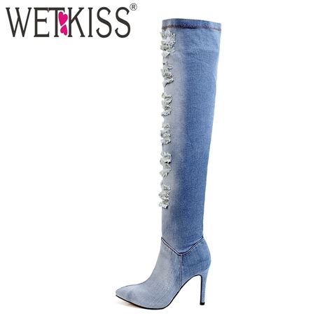Wetkiss 2018 Sexy Ladies Denim Over The Knee Boots High Heels Pointed Toe Ripped Hole Jeans