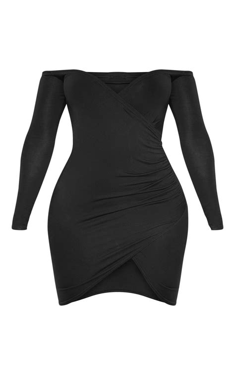 Shape Black Jersey Ruched Bardot Bodycon Dress Prettylittlething Usa