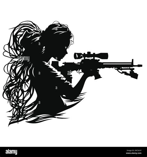 Vector Illustration Of A Sniper Girl In Black Silhouette Against A