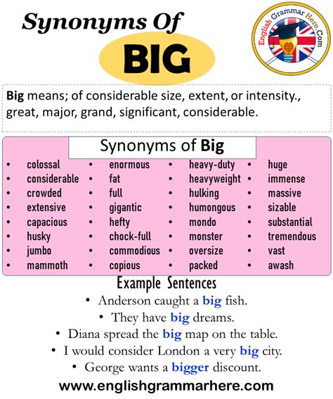 32 Synonyms Of Big, Big Synonyms Words List, Meaning and Example Sentences Synonyms words are ...