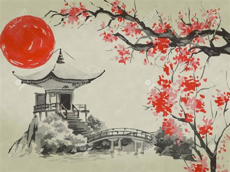 Japan Traditional Sumi E Painting Watercolor And Ink Illustration