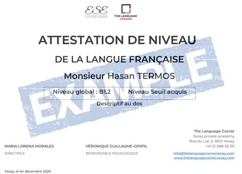 Attestation De Niveau De Langue — The Language Corner Vevey École