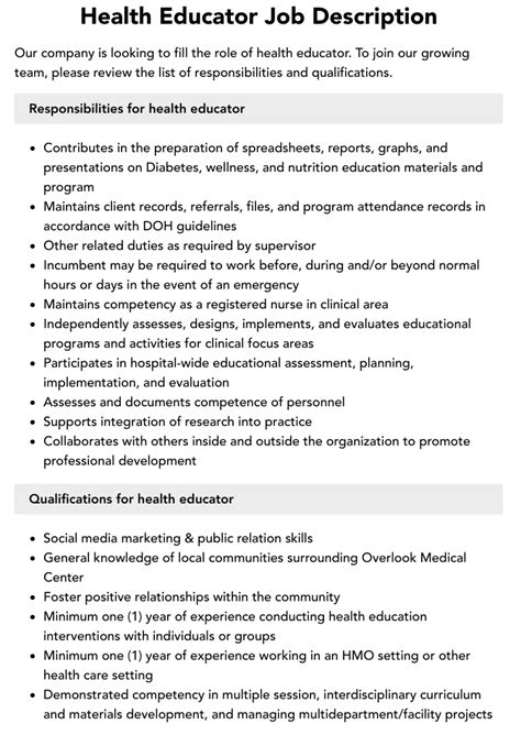 Health Educator Job Description Velvet Jobs