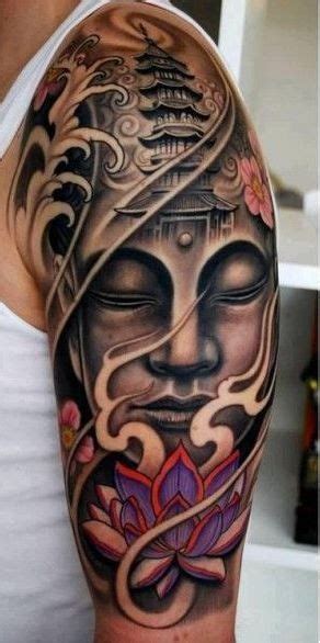 Lovely Face Buddha Witn Lotus Tattoo On Arm Tattooimages Biz Buddhist Tattoo Sleeve Half