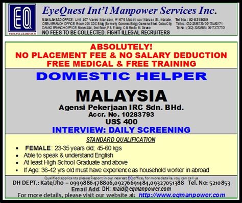 Apply today to start working in a company that cares about you. EyeQuest International Manpower Services List of Job ...