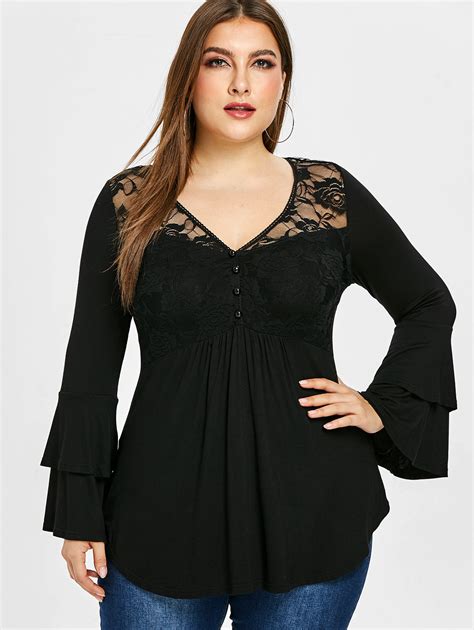 Wipalo 2019 Plus Size 5xl Sheer Floral Lace Insert Blouse V Neck Tiered Flared Long Sleeve