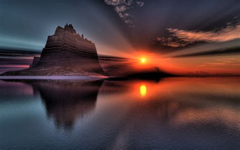 Beautiful scenery, sunset, lake, rock hill, reflection wallpaper ...