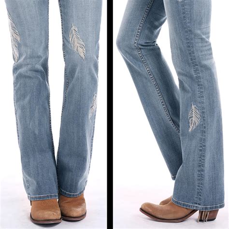 Rock And Roll Cowgirl Feather Mid Rise Bootcut Jeans Westernbutikkenno