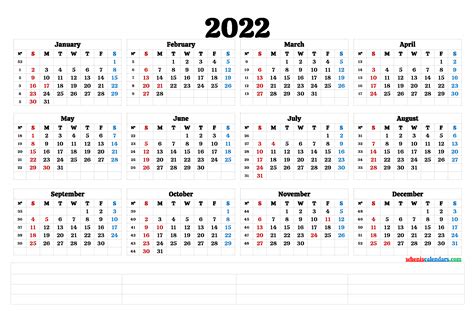 2022 Printable Yearly Calendar With Week Numbers 6 Templates Free