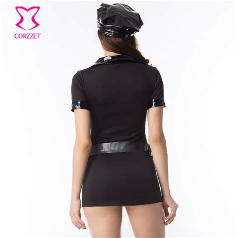 7342a Leather Collar Deep V Zipper Front Sexy Cop Dress Policewoman