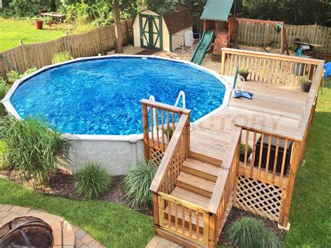 If you install a deck, position a few potted plants around the sides or around the bottom of. Pool Deck Ideas (Partial Deck | Above ground pool ...