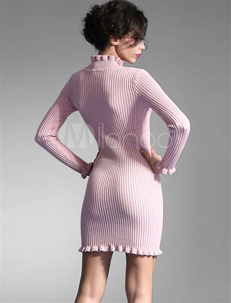 Pink Sweater Dress Sweet Ruffle High Collar Long Sleeve Slim Fit Knit Bodycon Dress For Women