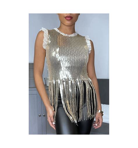 Haut à franges en sequins dorés