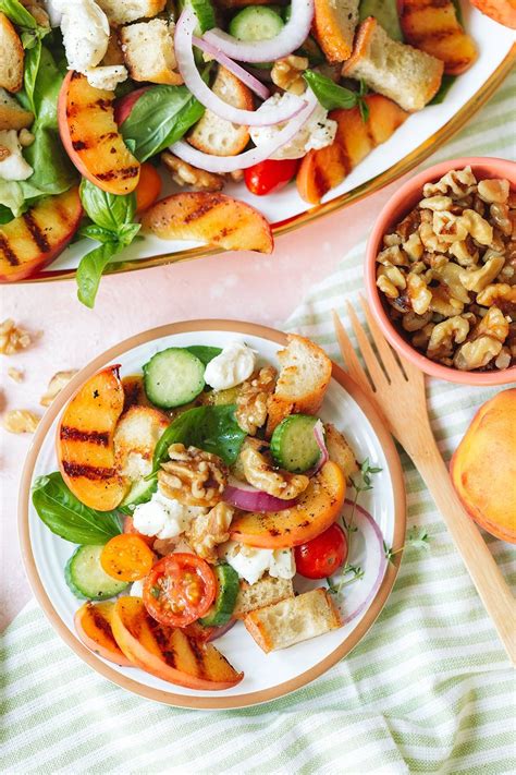 Grilled Peach Panzanella Salad With Toasted Walnuts Pizzazzerie
