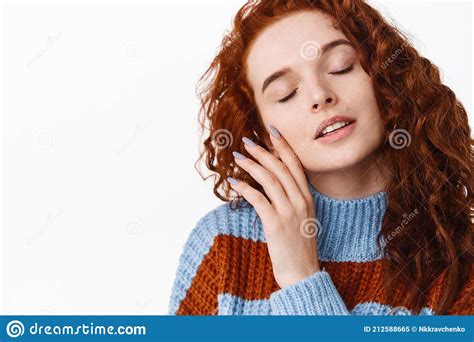 Portrait Of Sensual Redhead Woman With Natural Curly Ginger Hair Touching Her Smooth Clean