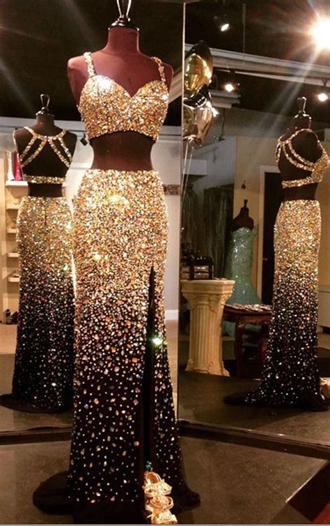 Dazzling Luxury Gold Crystal Rhinestone 2 Piece Prom Dresses Real