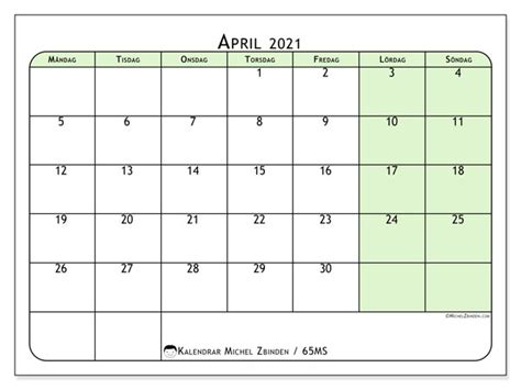 Hälfte mit kalenderwochen und feiertagen. Kalender "65MS" april 2021 för att skriva ut - Michel ...