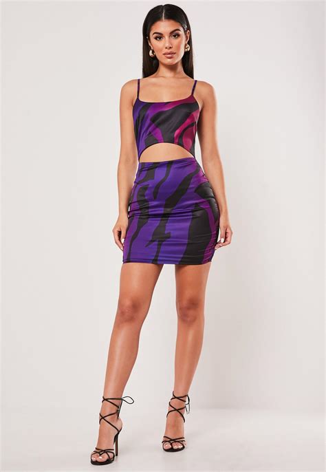 Purple Zebra Stretch Satin Cut Out Bodycon Mini Dress | Missguided