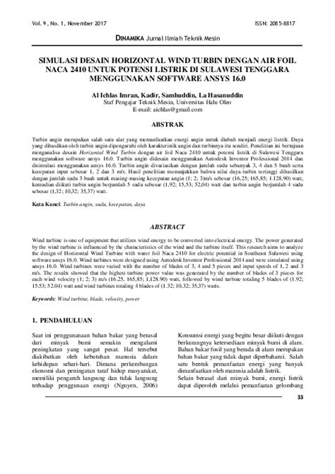 Pdf Dinamika Jurnal Ilmiah Teknik Mesin Simulasi Desain Horizontal Wind Turbin Dengan Air Foil