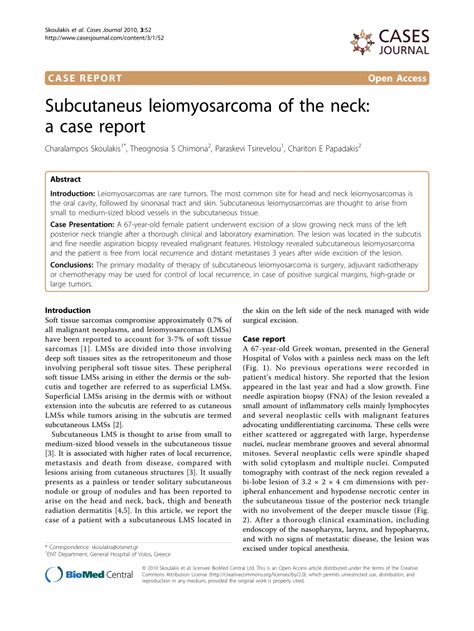 Pdf Subcutaneus Leiomyosarcoma Of The Neck A Case Report
