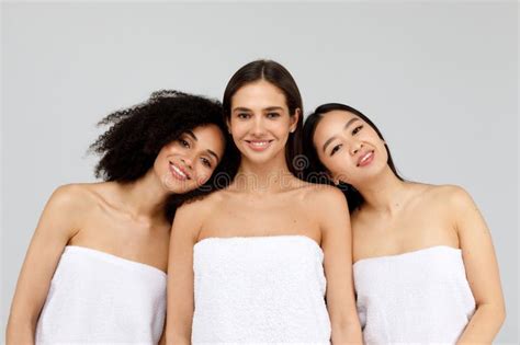Diverse Beauty Concpet Three Multiracial Ladies Wrapped In Towels