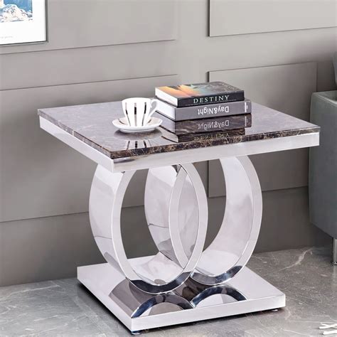 Square Side Table With Oval Stainless Steel Base And Faux Marble Top