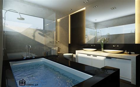 Large transitional master bathroom in melbourne with shaker cabinets, white cabinets, a freestanding tub, a curbless shower, gray tile, an undermount sink, grey floor, a hinged shower door, grey benchtops, a double vanity and a floating vanity. Stunning Cool Bathroom Ideas for Redecorating House ...