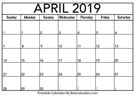 April 2019 Calendar Beta Calendars