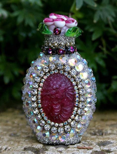 Tiny Trio Of Jeweled Antique Glass Perfume Bottles Encrusted Jewelry