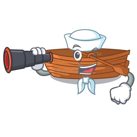 Sailor With Binocular Wooden Boat Sail At Sea Character Stock Vector