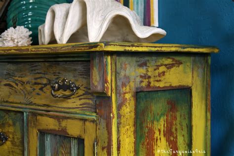 The Turquoise Iris ~ Furniture And Art Hand Painted Mustard Yellow