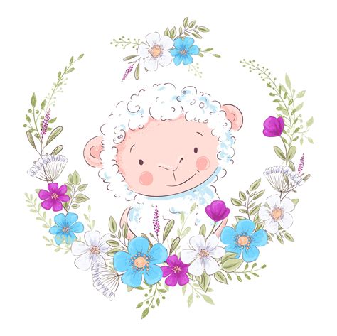 Cartoon illustration of a cute sheep in a wreath of blue and purple flowers. Vector illustration ...
