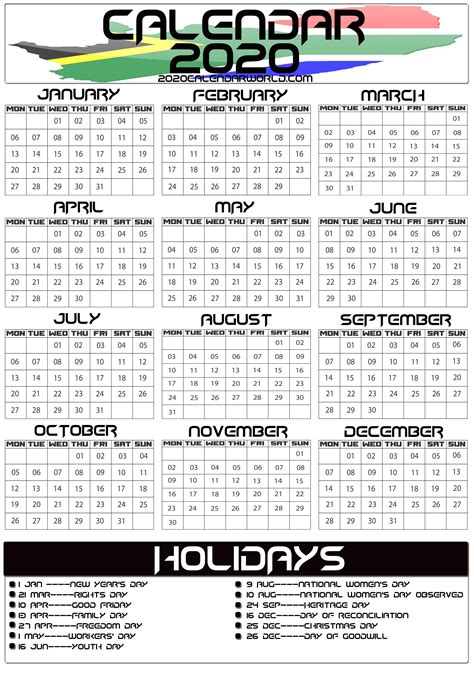 South Africa 2020 Calendar With Holiday Printable Template Holiday
