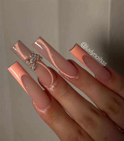 30 Cute Peach Nail Ideas — Peach Butterfly Acrylic Nails