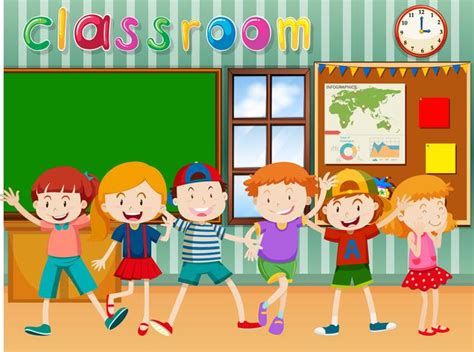 Cartoon Group Of Elementary School Kids In The Sch