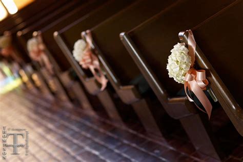 Peach Ribbon And White Hydrangea Pew Markers Aisle Wedding Flowers