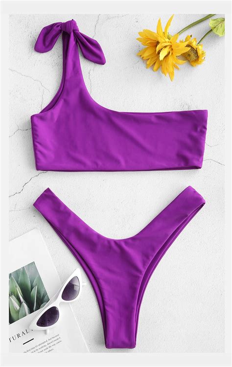 Zaful One Shoulder Bralette Bikini Set Purple Amethyst One Shoulder