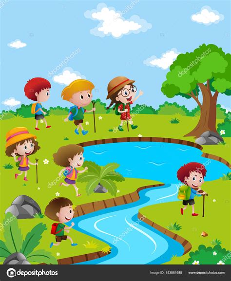 Children Hiking Up The River Stock Vector Image By ©brgfx 153881988