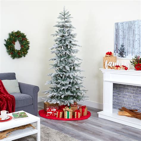 7 5 slim flocked nova scotia spruce artificial christmas tree with 450 warm white led lights