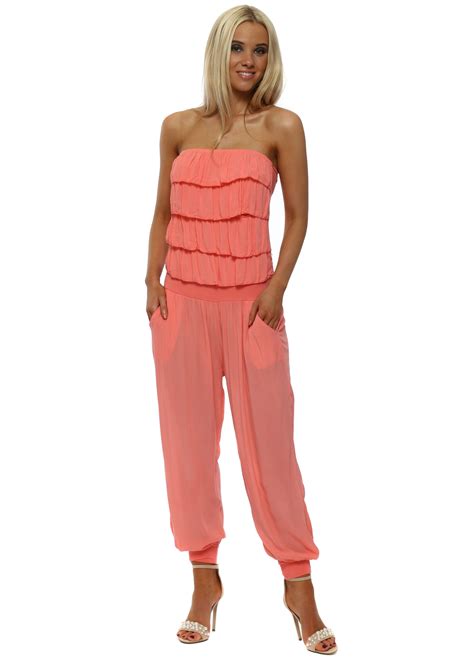 Coral Strapless Ruffle Jumpsuit