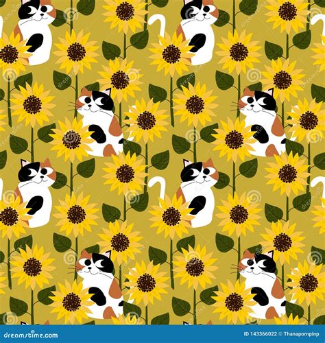Calico Cat In Sunflower Field Seamless Pattern Stock Vector