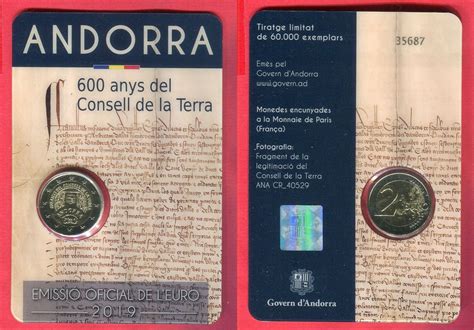 Andorra 2 Euro Gedenkmünze 2019 600 Jahre Parlament Consell De La Terra