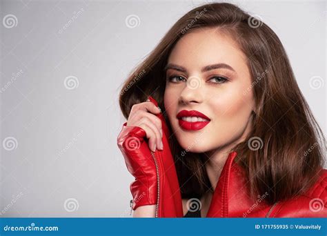 Portrait Of Smiling Young Woman With Bright Makeup Beautiful Brunette