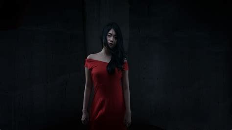 Wallpaper Women Model Dark Long Hair Asian Red Dress Fashion